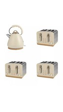 Cream & Wooden Effect Dome Traditional Kettle and 4 Slice Toaster Set
