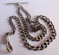 Antique solid silver pocket watch albert chain with silver & bloodstone fob