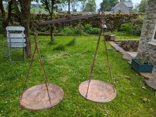 Primitive balance beam scales with elm bowls & plaited string chain.Unusual. 19C