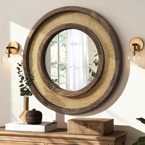 Round mirror wood - mirror,