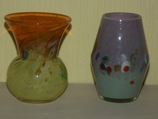 2 small colourful glass vases - Scottish - (Vasart/Monart ?) both 4 inches