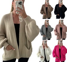 Womens Ladies Short Length Balloon Cardigan Plain Chunky Knitted Long Sleeve