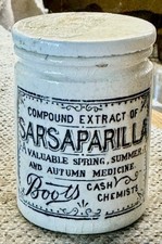 1890’s BOOTS CASH CHEMIST OINTMENT POT with Lid: SARSPARILLA - #8 (K390)