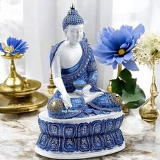 Thai Buddha Meditating Sculpture White Blue Lotus Figurine Ornament Zen Decor