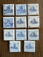 Delft Miniature Tiles Vintage Blue Hand-Painted Holland 4cm Windmills x 11