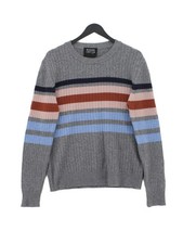 Markus Lupfer Women's Jumper L Grey Striped 100% Wool Round Neck Pullover