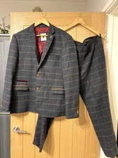 Marc Darcy Men's Navy Blue Eton Tweed Check Suit 46 Chest 36 Trousers