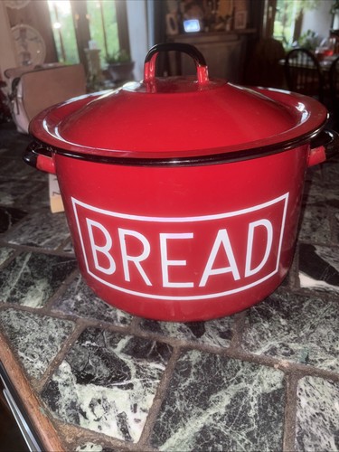 Large red metal bread bin - bread,