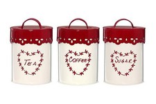 Anglaise Tea Coffee Sugar Canisters Biscuit Bread Peg Holder Red Cream Storage