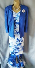 Sz12 Jacques Vert Blue & Ivory Dress, Jacket, Bag, Shoes (38), Fascinator Outfit