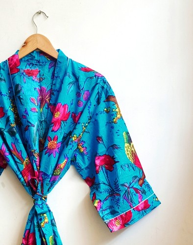 Cotton long kimono turquoise - kimono,
