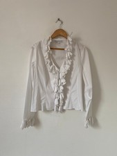 Anne Fontaine Shirt Size 12 14 White Ruffle Zip Blouse Tassle Kimmy Corset Size4