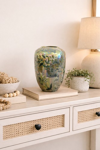 Vase next green bird - green, and