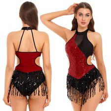 UK Women Tassel Latin Dance Dress Sequins Leotard Cha-Cha Samba Ballroom Costume
