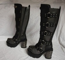 Demonia Sinister knee high boots - 5 - black & grey, goth, punk