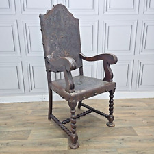 Antique Throne Chair Carver Hall Seat Tooled Leather Bobbin Carved 19th Century