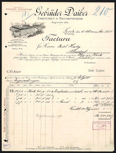 Invoice lorch 1905 daiber - lorch, 1905,