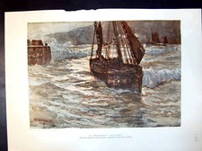 Old Print A Perilous Calling Nelson Dawson Sailing Boat Returning Harbour