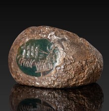 ROMAN IRON RING WITH GREEN JASPER INTAGLIO DEPICTING APOLLO DRIVING SUN CHARIOT