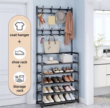 New Coat and Hat Stand 8 Hooks Metal Shoe Rack 5 Tiers Shelf Hanger Black