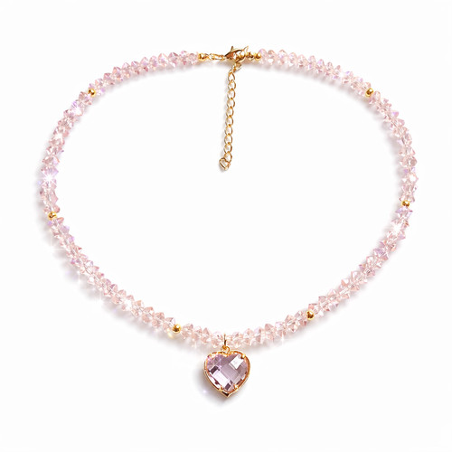 Pink crystal heart necklace - pink,