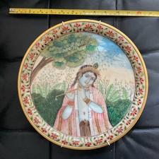 Indian 12inch Marble Plate Art Handmade Floral Krishna Home Decor Stone Painting
