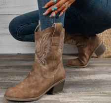 Women's Embroidery Cowgirl Cowboy Boots Ladies Mid Wide Western Shoes-UK