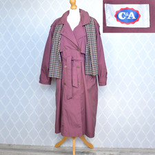 Vintage 80s C&A Heather Purple Trench Coat Check Lining & Scarf Sz 12 Petite