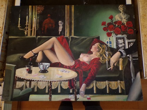 Lady the red - in, on