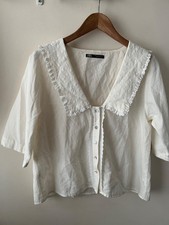 Zara Top Size M 10 Cream Embroidered Collar Short Sleeve Blouse Casual