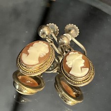 Sterling Silver Detailed Cameo Screw On Dangle Earrings Lady Antique Victorian