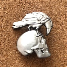 VIKING NORSE BIKER CROW AND SKULL LARGE ENAMEL PIN BADGE