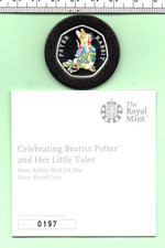 2018 STERLING SILVER GENUINE PETER RABBIT COLOURED BOXED 50p (HS-202)