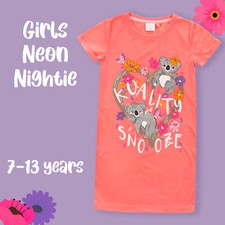 Girls Neon Coral Koala Nighty Short Sleeved Summer Nightdress 7 8 9 10 11 12 13