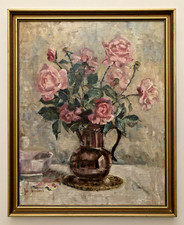 Original Vintage Oil Painting Jug of Roses Signed Flowers Still Life Floral
