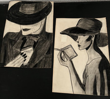 A PAIR OF VINTAGE CHARCOAL HAND DRAWN ART - 1940'S LADIES, ST MORITZ CIGARETTES