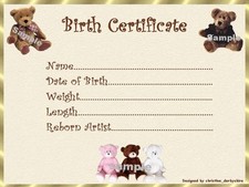 TEDDY BEAR BIRTH CERTIFICATE/CERTIFICATES 4 REBORN FAKE BABY approx 7"x 5"
