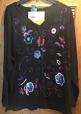 QVC Indigo Moon Black Long Sleeve V-Neck Top Blouse Floral Beads & Sequins  NWT