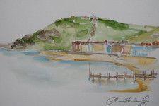 Original watercolour landscape painting drawing of Aberystwyth Constitution hill