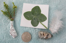 LUCKY BAG Good Luck Gift Sixpence Clover Heather White Feather Stone with Hole