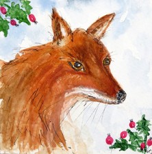 ORIGINAL WATERCOLOUR PAINTING:  CHRISTMAS CARD & ENVELOPE - RED FOX