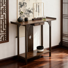 Farmhouse Wood Console Table Narrow Entry Sofa Table with Drawer & Storage Shelf