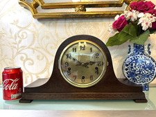 Great, Restored Shiny Oak 1920s Napoleon-Hat Westminster Chiming Mantel Clock
