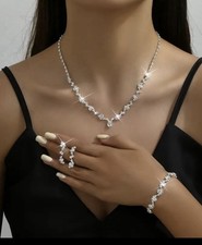 Ladies Silver Diamonte Necklace Bracelet Earrings Set  Wedding Party Sparkle