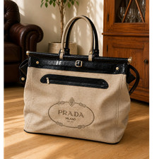 PRADA Beige Black Canvas