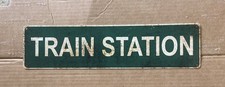 Vintage Alloy TRAIN STATION Sign White On Green. 40cm x 10cm Man Cave Wall Art