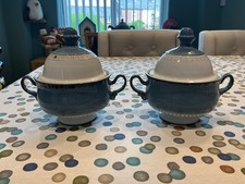 DENBY CASTILE LIDDED HANDLED SOUP  / CASSEROLE BOWLS X 2  STONEWARE LOT B