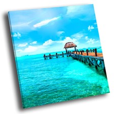 Square Scenic Canvas Wall Art Photo Picture Print Blue Teal Beach Hut Retro