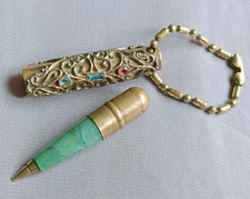 Vintage Miniature Ballpoint Pen Ornate Filigree Jewelled Brass Case + Keychain