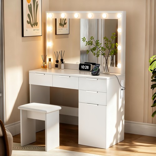 White dressing table with bulb - white,